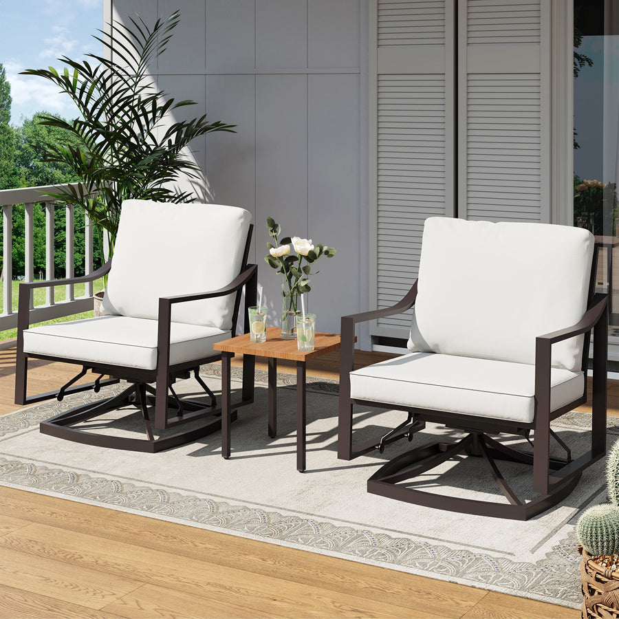 LAUSAINT HOME Outdoor Rocking Bistro Set, 3 Piece Patio Conversation Set with 4" Thick Cushions & Wood-Like Coffee Table, Oversized Rocking Chairs for Garden Porch Backyard (Beige