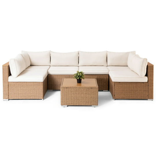 LAUSAINT HOME 7 Pieces Patio Conversation Set, Outdoor Sectional PE Rattan Wicker Furniture Seat (Beige Cushion & Brown Wicker)