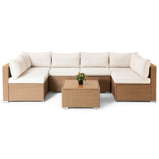 LAUSAINT HOME 7 Pieces Patio Conversation Set, Outdoor Sectional PE Rattan Wicker Furniture Seat (Beige Cushion & Brown Wicker)