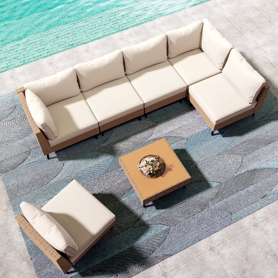 LAUSAINT HOME 7 Pieces Outdoor Furniture Set, Patio Modern Rattan Wicker Sectionals with 6 Chairs and 1 Coffee Table, Beige Cushions