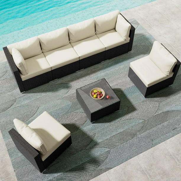 LAUSAINT HOME 7 Pieces Patio Conversation Set, Outdoor Sectional PE Rattan Wicker Furniture Seat (Beige)