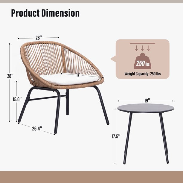 LAUSAINT HOME 3 Pieces Patio Bistro Set, Outdoor Bistro Set with Coffee Table for Patio & Garden, Brown Wicker