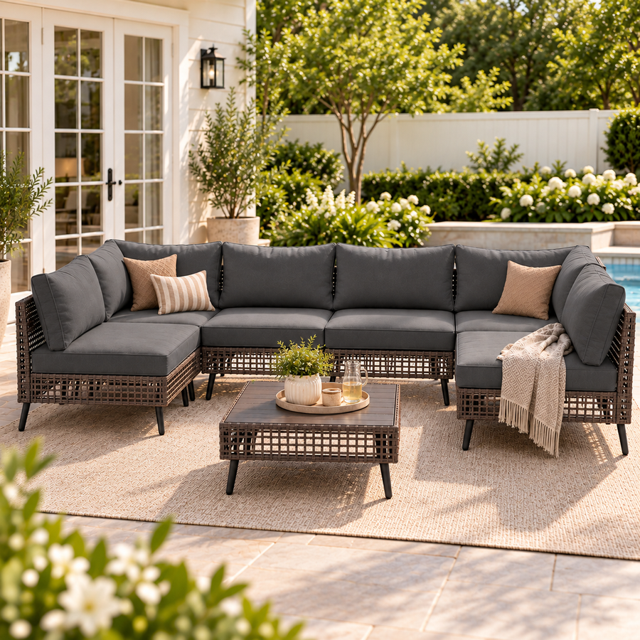 LAUSAINT HOME 7 Piece Wicker Sectional Outdoor Conversation Sets, Patio Furniture with Gray Cushions