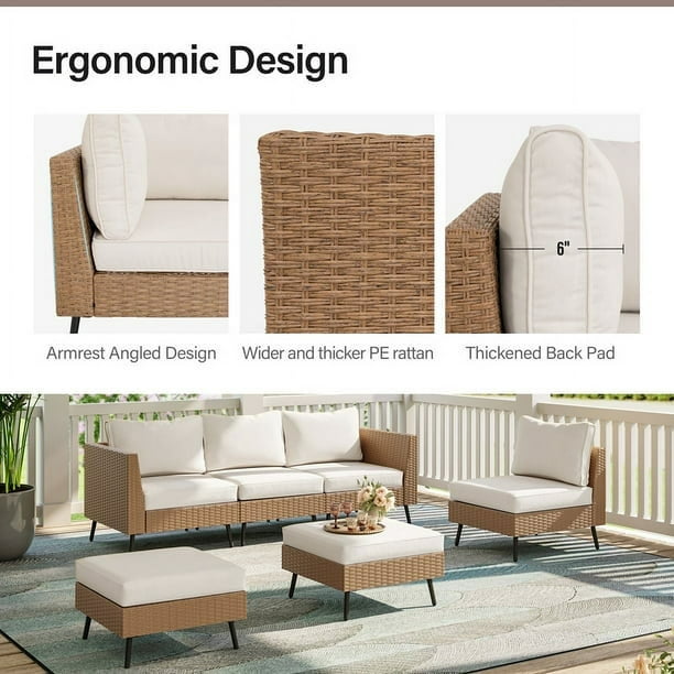 LAUSAINT HOME 6 Pieces Patio Conversation Set, Outdoor Sectional Wicker Sofa PE Rattan Furniture Set with Thick Cushions, Beige