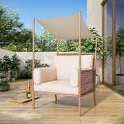 LAUSAINT HOME Outdoor Wicker Chair with Top Canopy for Sunshade, Oversized Patio Rattan Chair with Plush Beige Cushions