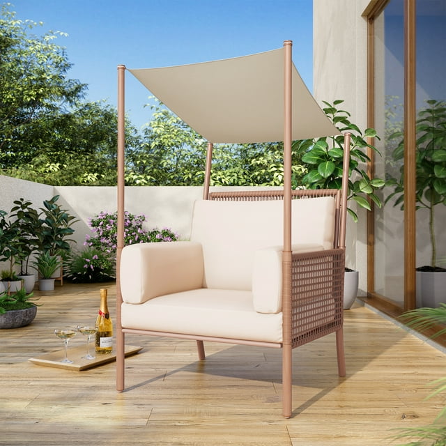 LAUSAINT HOME Outdoor Wicker Chair with Top Canopy for Sunshade, Oversized Patio Rattan Chair with Plush Beige Cushions