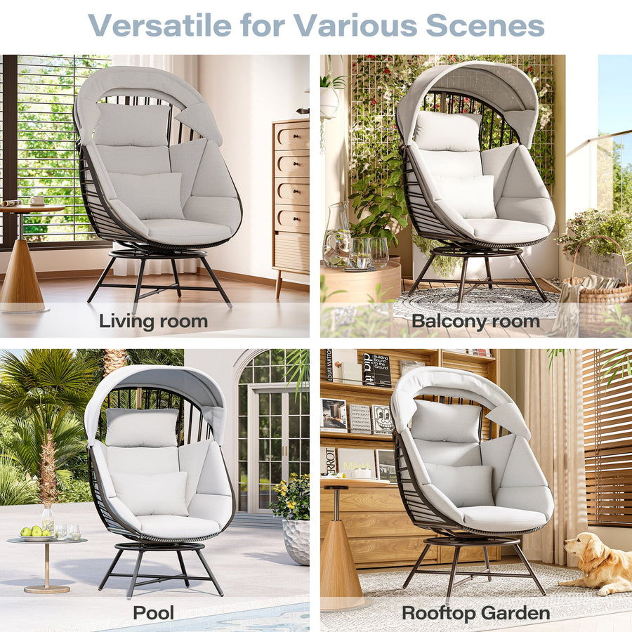 LAUSAINT HOME Oversized Wicker Egg Chair, 360° Swivel Indoor Outdoor Patio Lounger with with Cushion & Sunshade Brim