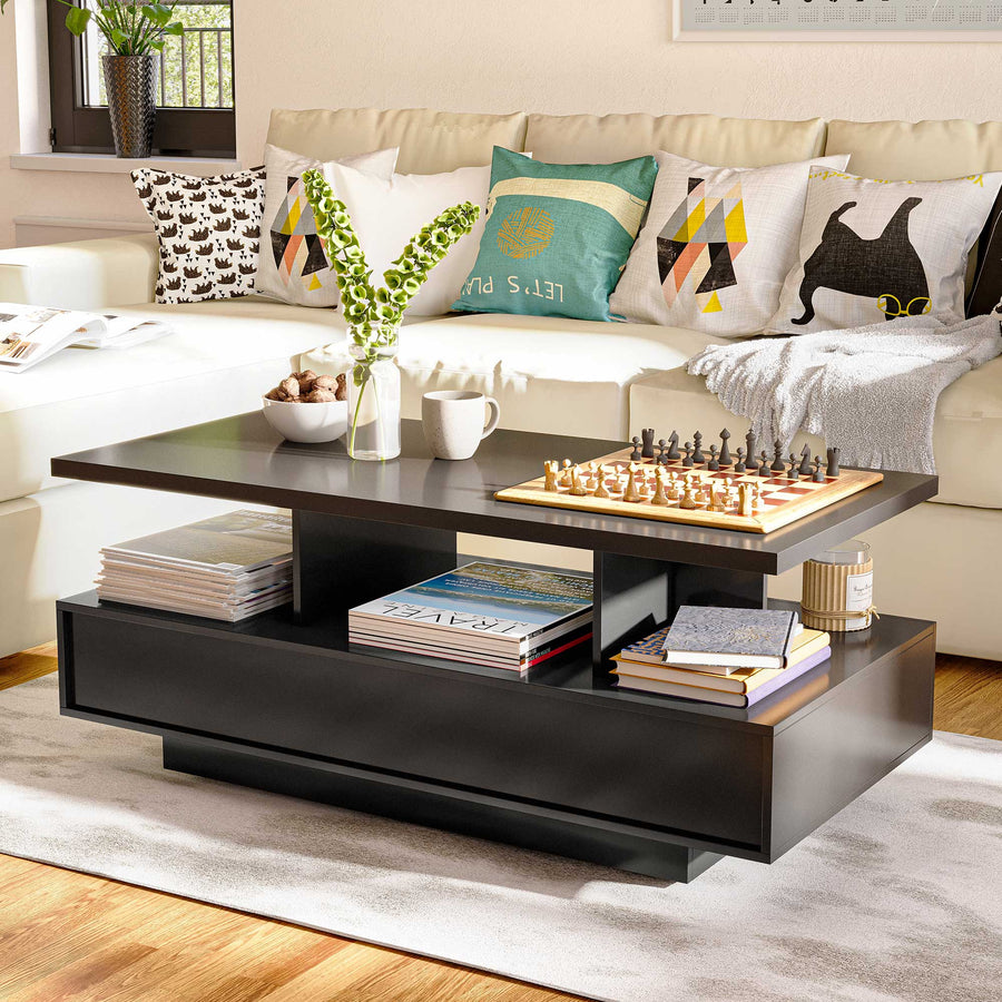 LAUSAINT HOME Coffee Table with Storage, 2-tier LED Coffee Tables for Living Room with APP & Remote Control, Black