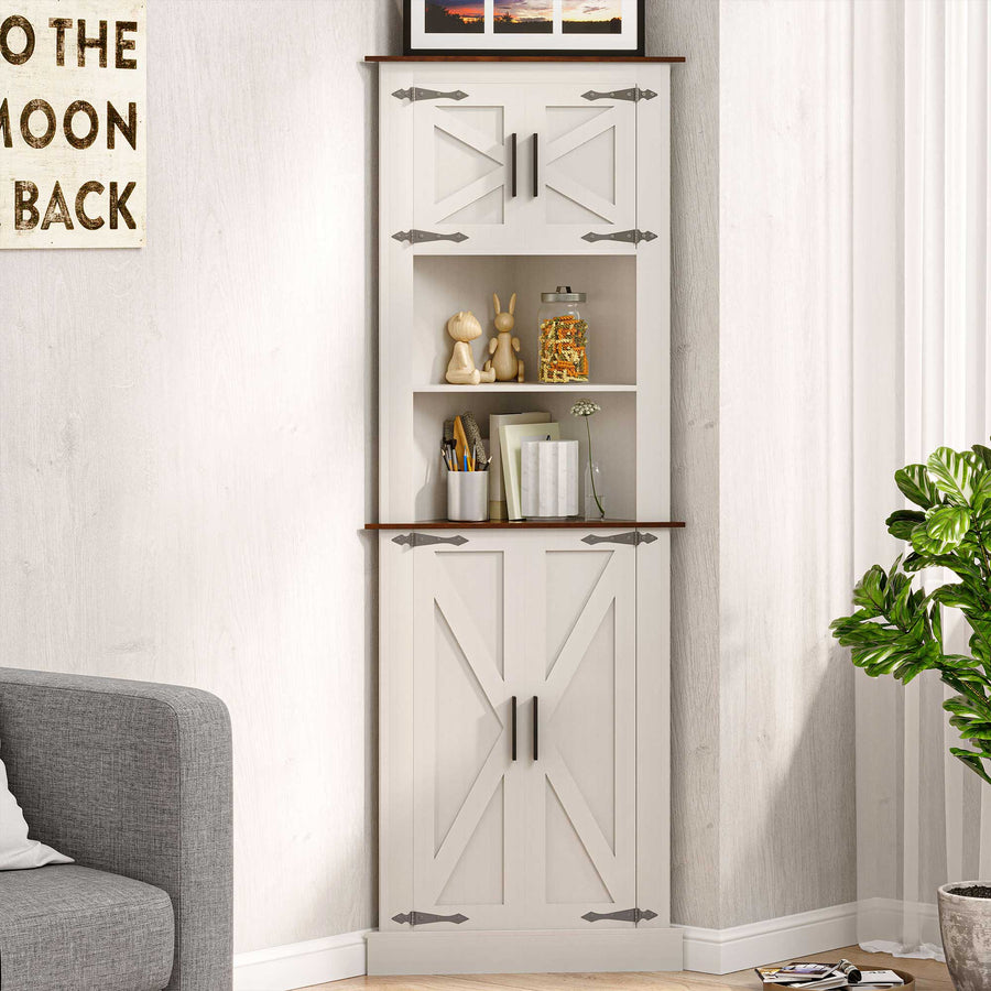 LAUSAINT HOME 67.7'' Tall Corner Cabinet, Corner Storage Cabinet with Barn Door Design & Adjustable Shelves, White