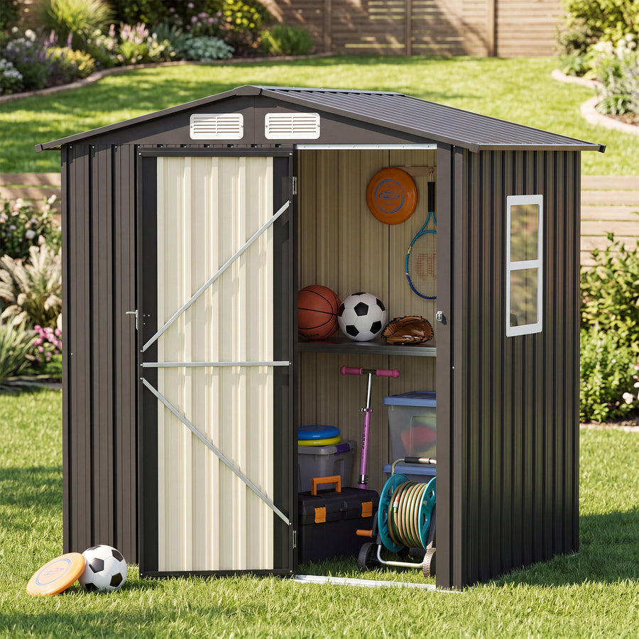 LAUSAINT HOME 6x4 FT Metal Garden Storage Shed with Window, Outdoor Galvanized Steel Tool House with Lockable Door, Vent & Gable Roof, Black