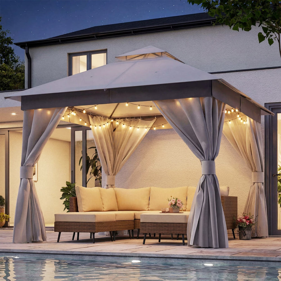 LAUSAINT HOME 10'x10' Outdoor Patio Gazebo, Double Roof Metal Frame with Mosquito Nettings, Privacy Screens and Anchoring Kit, Gray