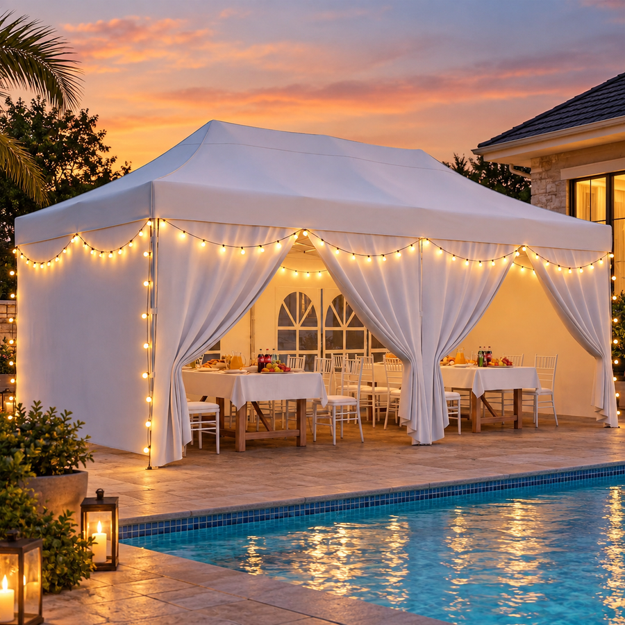 LAUSAINT HOME 10 x 20 FT Party Tent with 100 FT String Lights, Waterproof Canopy with Removable Sidewalls and Roll-Up Door, White Steel Frame Event Shelter