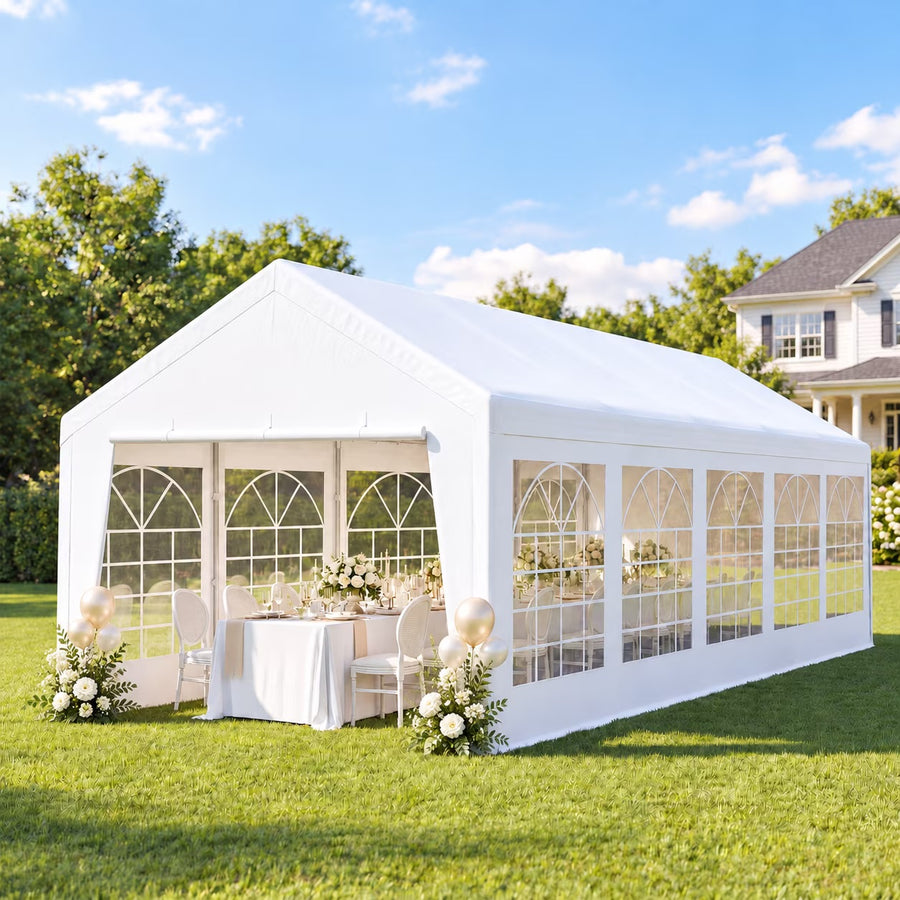 LAUSAINT HOME 10 x 30 FT Party Tent, Waterproof Canopy with Removable Sidewalls and Roll-Up Door, White Steel Frame Event Shelter for Weddings and Backyard Events