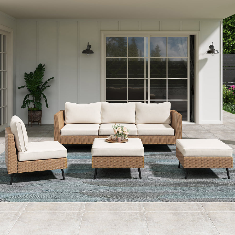 LAUSAINT HOME 6 Pieces Patio Conversation Set, Outdoor Sectional Wicker Sofa PE Rattan Furniture Set with Thick Cushions, Beige