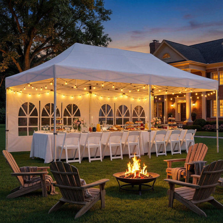 Lausaint Home 20 ft x 10 ft White Event Outdoor Canopies with 100FT LED Light, Party Tent for Family