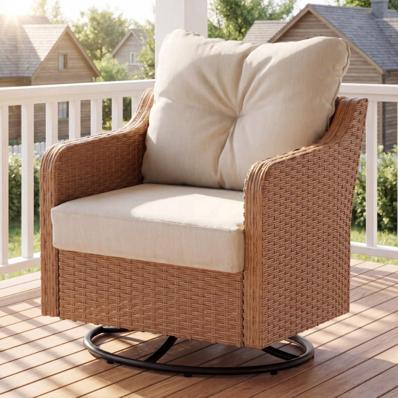LAUSAINT HOME Outdoor Patio Rocking Chair, 360° Swivel Glider Rocker Chairs with All-Weather Wicker and Beige Cushions for Porch, Deck, Backyard, Garden, Poolside, 1 PCS
