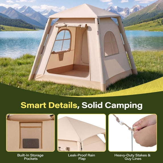 KAMEROUT Inflatable Tent 3 Person Glamping Tent with Easy Air Pump Setup, All-Weather Waterproof Oxford Luxury Blow Up Air Camping Tent with Mesh Window, Inflatable House, Khaki