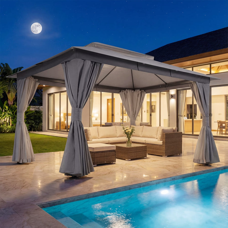 LAUSAINT HOME 10'x13' Outdoor Patio Gazebo, Heavy Duty Semi-Permanent Gazebo Tent with Double Roof, Mosquito Netting & Privacy Curtains, Metal Frame Backyard Canopy for Garden, Lawn, Party, Gray