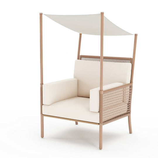 LAUSAINT HOME Outdoor Wicker Chair with Top Canopy for Sunshade, Oversized Patio Rattan Chair with Plush Beige Cushions