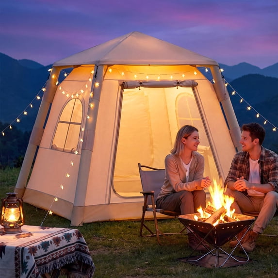 KAMEROUT Inflatable Tent 3 Person Glamping Tent with Easy Air Pump Setup, All-Weather Waterproof Oxford Luxury Blow Up Air Camping Tent with Mesh Window, Inflatable House, Khaki