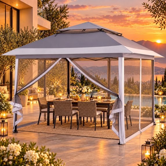 KAMEROUT 12' x 12' Pop Up Gazebo Canopy Tent with Mosquito Netting, One-Push Instant Setup, Height Adjustable Outdoor Canopy for Patio, Backyard, Camping, Light Gray