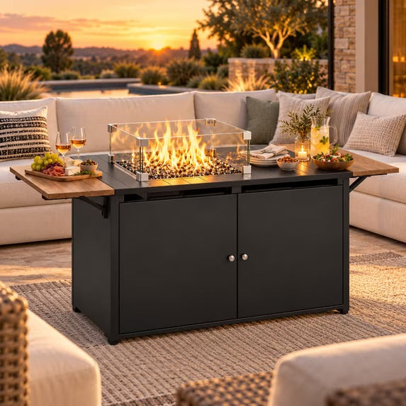 LAUSAINT HOME 64.2" Propane Fire Pit Table, 50,000 BTU Outdoor Gas Fire Pit with Folding Tabletop and Wind Guard for Patio, Black