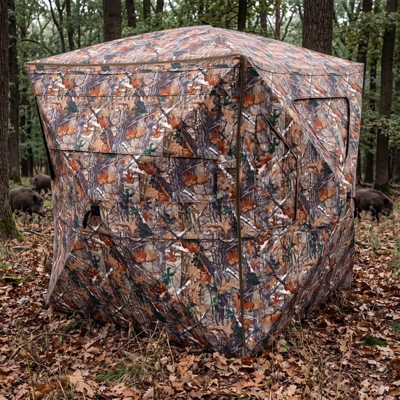 KAMEROUT 3-4 Person Hunting Blind, 70.5" x 70.5" x 80.5" Portable Pop-Up Hunting Tent with 360° See-Through Panels & 90° Corner Door, Camo