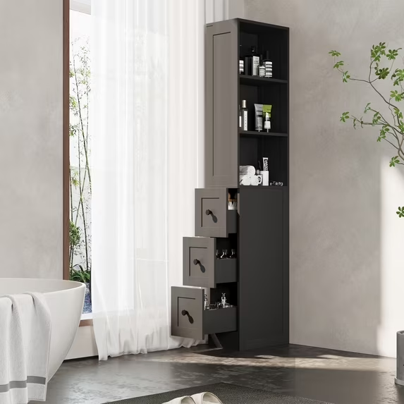 KAMEROUT Tall Slim Storage Cabinet with 2 Adjustable Shelves & 3-level Drawers for Bathroom, Kitchen, Black