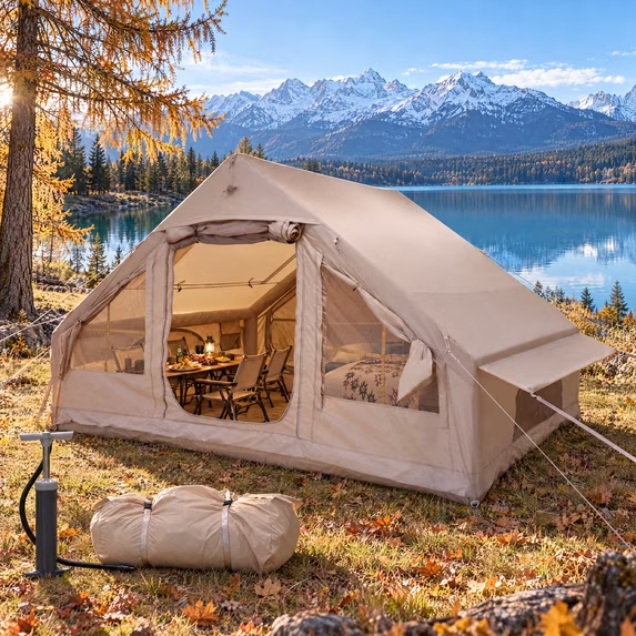 LAUSAINT HOME 4–6 Person Inflatable Camping Tent – Luxury Air House with Skylight, Waterproof Oxford, Pump Included for Quick 1-Person Setup – Great for Family Glamping, Khaki