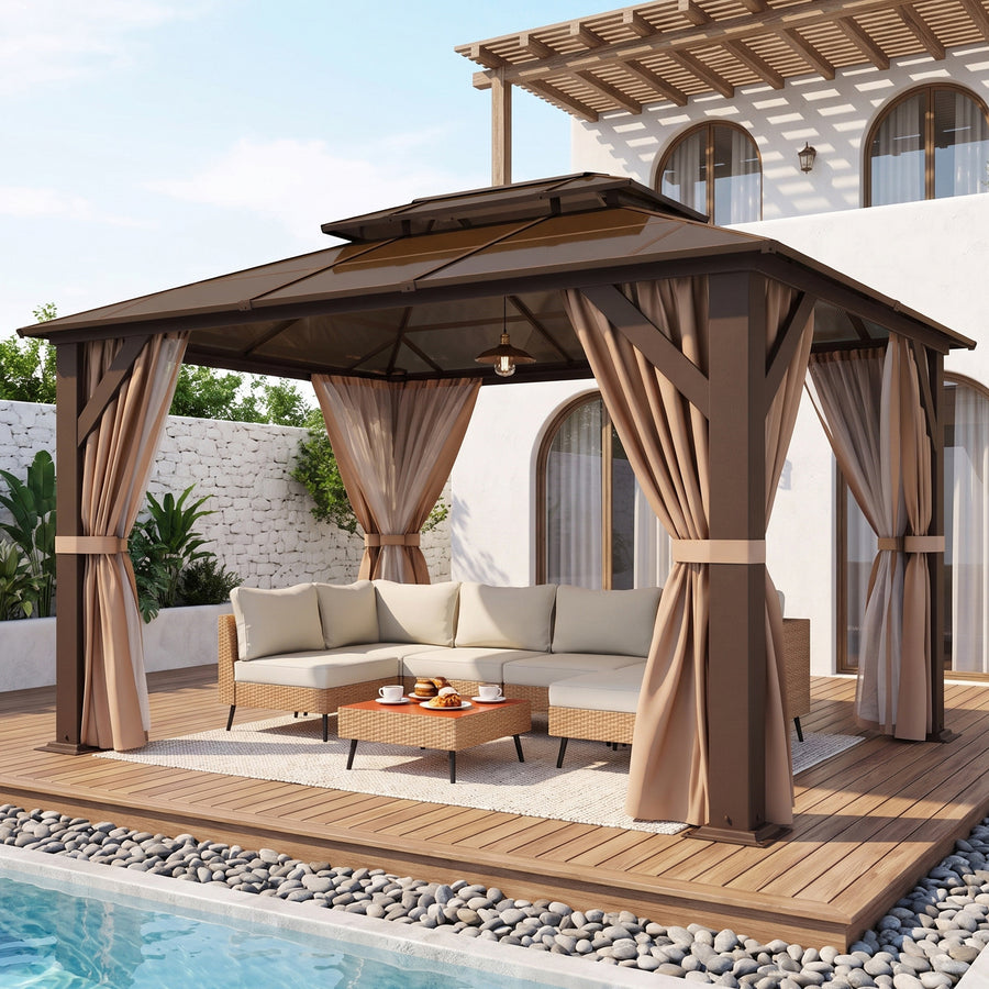 LAUSAINT HOME 10'x12' Hardtop Gazebo with Polycarbonate Double Roof, Heavy Duty Metal Frame Outdoor Pavilion with Netting, Permanent Patio Gazebo for Backyard, Lawn & Deck, Brown