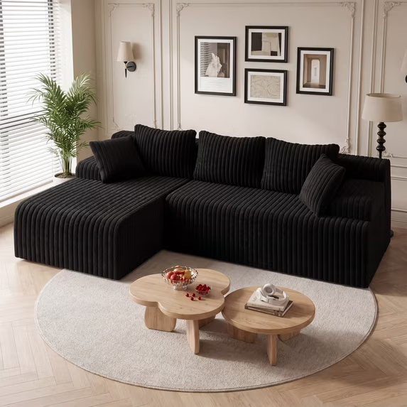 KAMEROUT 96" Modular Sectional Sofa Couches, L-Shaped Boneless Cloud Couch with Deep Seat & Plush Corduroy Fabric (Black, Left Facing Chaise)