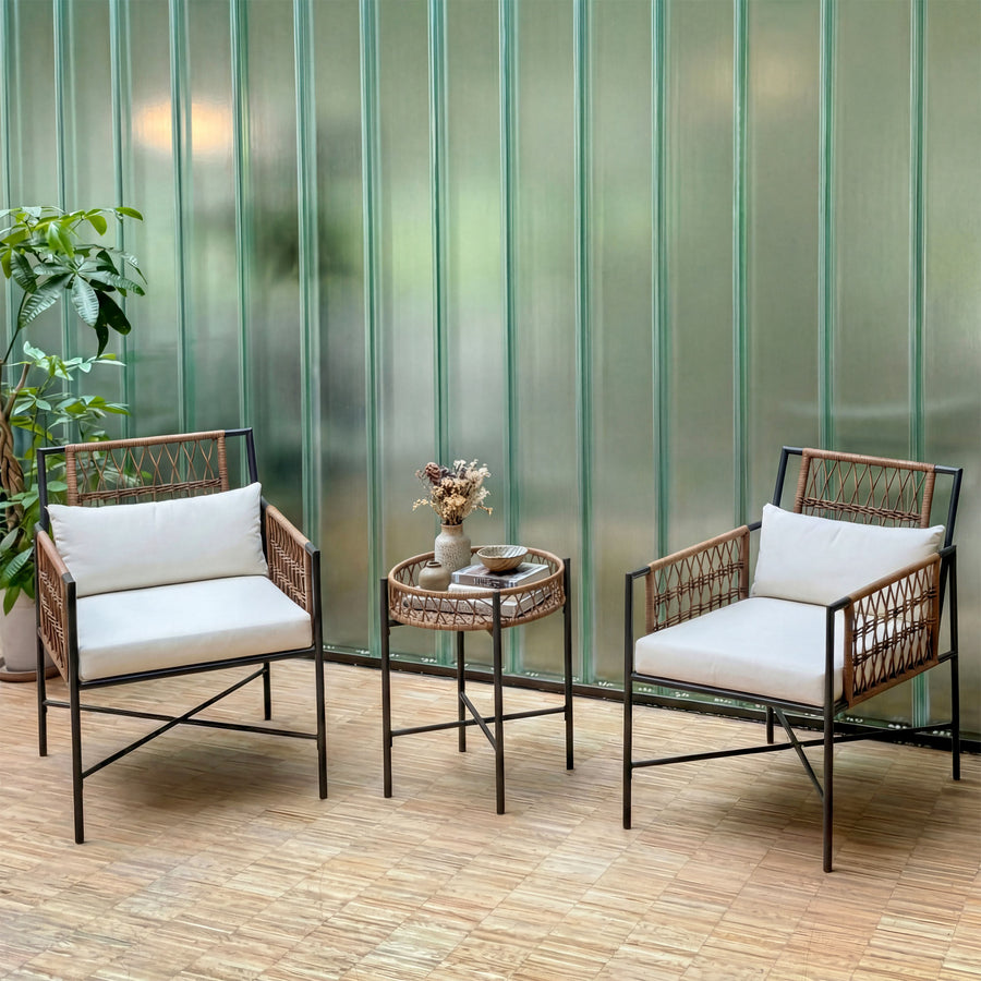LAUSAINT HOME 3 Piece Metal Outdoor Bistro Set with Side Table and 2 Chairs, Beige Cushions