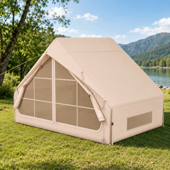 LAUSAINT HOME 4–6 Person Inflatable Camping Tent – Luxury Air House with Mesh, Pump for 1-Person Quick Setup, Waterproof Oxford – Ideal for Family Glamping, Khaki.