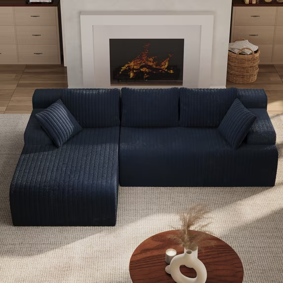 KAMEROUT 96" Modular Sectional Sofa Couches, L-Shaped Boneless Cloud Couch with Deep Seat & Plush Corduroy Fabric (Navy Blue, Left Facing Chaise)