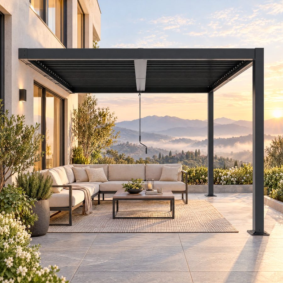 LAUSAINT HOME 10x10 FT Wall Mounted Louvered Pergola, Adjustable Outdoor Patio Cover with Sloped Roof, Built-In Drainage System, Galvanized Steel Frame for Deck and Backyard