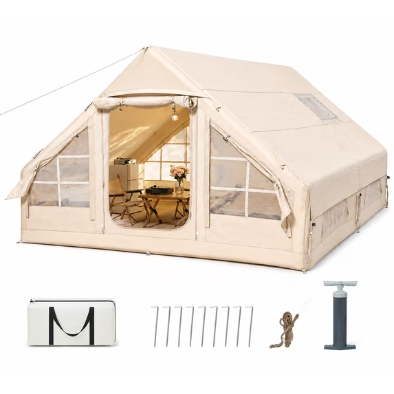LAUSAINT HOME Inflatable Family Tent – Spacious 8–10 Person Cabin with Skylight & Stove Jack, Waterproof Oxford, Pump Included for Easy Setup – Perfect for Luxury Glamping, Khaki.