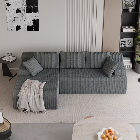 KAMEROUT 96" Modular Sectional Sofa Couches, L-Shaped Boneless Cloud Couch with Deep Seat & Plush Corduroy Fabric (Gray, Left Facing Chaise)