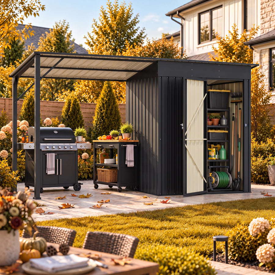 Lausaint Home 10‘x3' Lockable Door Metal Tool Storage Storage Shed, 5.9 ft x 10 ft x 3 ft, Black