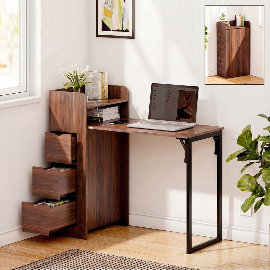 KAMEROUT Foldable Wall Desk with Storage & Power Outlet, Space-Saving Hidden Table That Folds Out When Needed – Ideal for Small Spaces, Home Office, Bedroom, Walnut