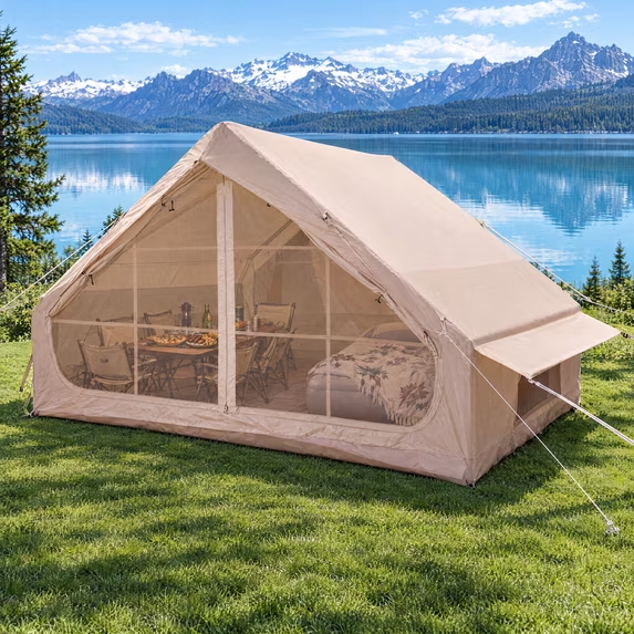 LAUSAINT HOME 4–6 Person Inflatable Camping Tent – Luxury Air House with Mesh, Pump Included for Quick 1-Person Setup, Waterproof Oxford – Great for Family Glamping, Khaki