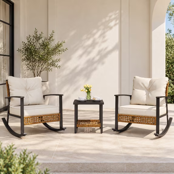 KAMEROUT 3-Piece Patio Conversation Set, PE Wicker Rocking Chairs with Cushions & 2-Tier Coffee Table, Outdoor Furniture for Backyard/Patio, Beige