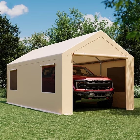 LAUSAINT HOME 10'x20' Heavy Duty Carport, Portable Garage Car Port Canopy Tent with Roll-up Windows, Waterproof All Weather Carport Kit, Khaki