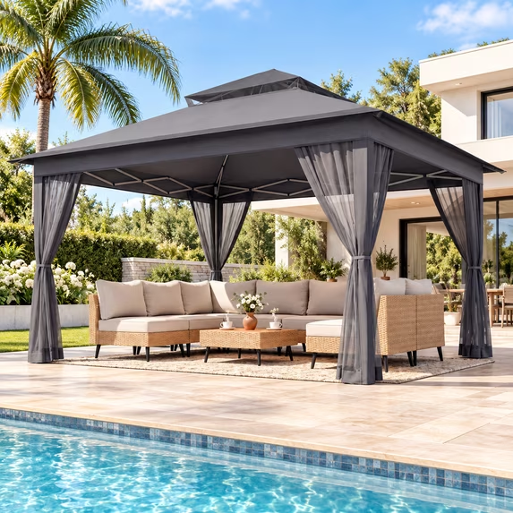 KAMEROUT 13' x 13' Pop Up Gazebo Canopy Tent with Mosquito Netting, One-Push Instant Setup, Height Adjustable Outdoor Canopy for Patio, Backyard, Camping, Gray