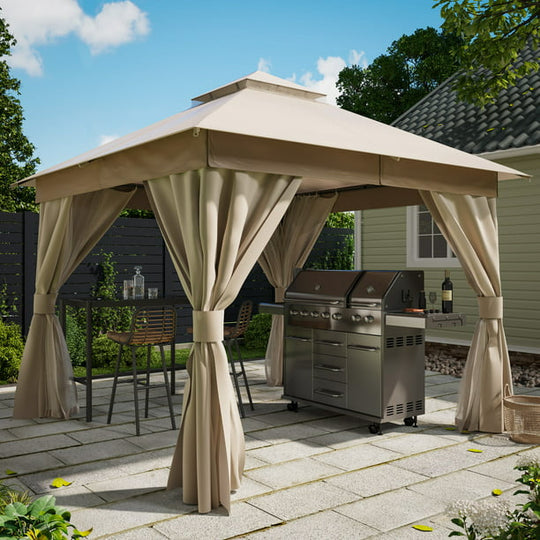 LAUSAINT HOME Patio Gazebo 10'x10' with Expansion Bolts, Double Roofs Outdoor Shelter Tent with Nettings and Privacy Screens (Khaki)