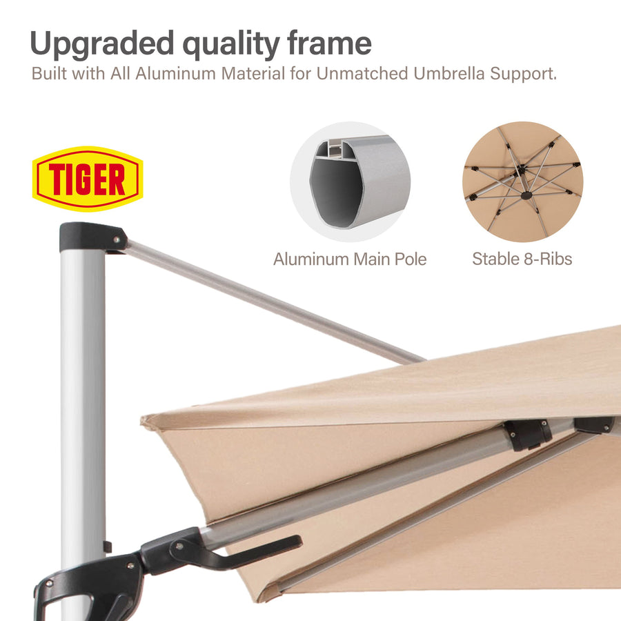 LAUSAINT HOME 10FT Patio Umbrella, Outdoor Large Cantilever Umbrella with 360° Rotation, Champagne