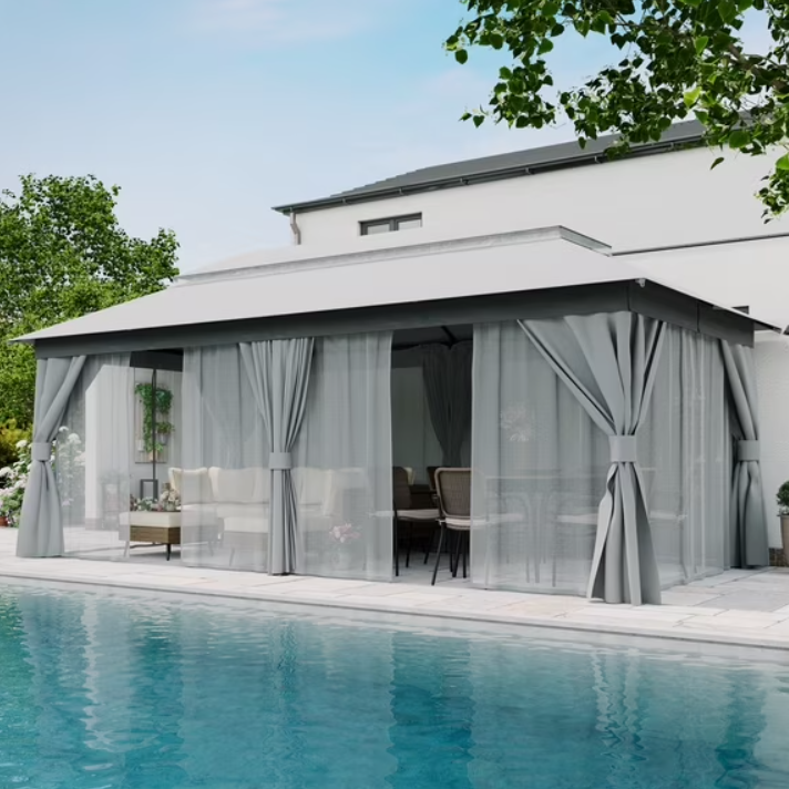 LAUSAINT HOME 10'x20' Outdoor Patio Gazebo, Heavy Duty Semi-Permanent Gazebo Tent with Double Roof, Mosquito Netting & Privacy Curtains, Metal Frame Backyard Canopy for Garden, Lawn, Party, Gray