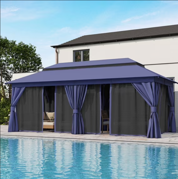 LAUSAINT HOME 10'x20' Outdoor Patio Gazebo, Heavy Duty Semi-Permanent Gazebo Tent with Double Roof, Mosquito Netting & Privacy Curtains, Metal Frame Backyard Canopy for Garden, Lawn, Party, Navy Blue