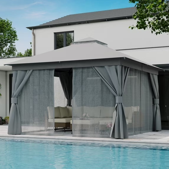 LAUSAINT HOME 12'x12' Outdoor Patio Gazebo, Heavy Duty Semi-Permanent Gazebo Tent with Double Roof, Mosquito Netting & Privacy Curtains, Metal Frame Backyard Canopy for Garden, Lawn, Party, Gray