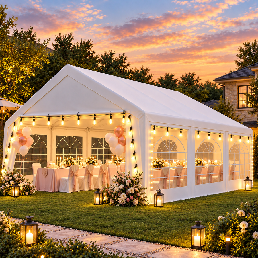 LAUSAINT HOME 20 x 20 FT Party Tent with 100 FT String Lights, Waterproof Canopy with Removable Sidewalls and Roll-Up Door, White Steel Frame Event Shelter for Weddings and Parties