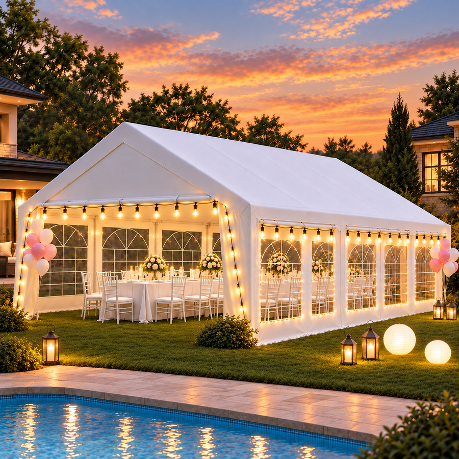 LAUSAINT HOME 20 x 30 FT Party Tent with 100 FT String Lights, Waterproof Canopy with Removable Sidewalls and Roll-Up Door, White Steel Frame Event Shelter for Backyard Events
